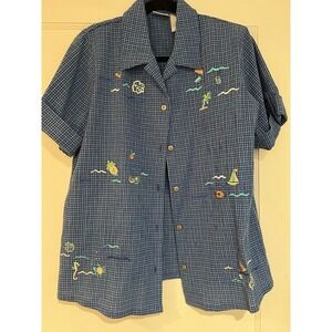 Vintage Vacation Beach Print Button Up Size Small Koret Francisca Short Sleeve